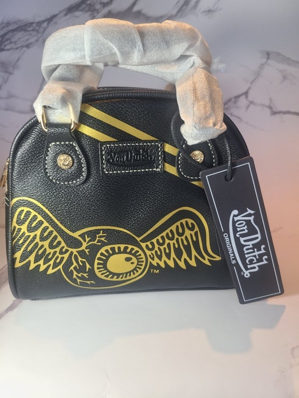 Von Dutch Black Mini Dome Bag with Yellow Logo - Picture 2 of 2